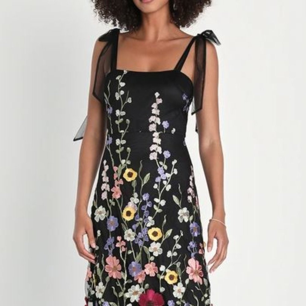 LuLus Thriving Poise Black 3D floral Tie Strap Maxi Dress
